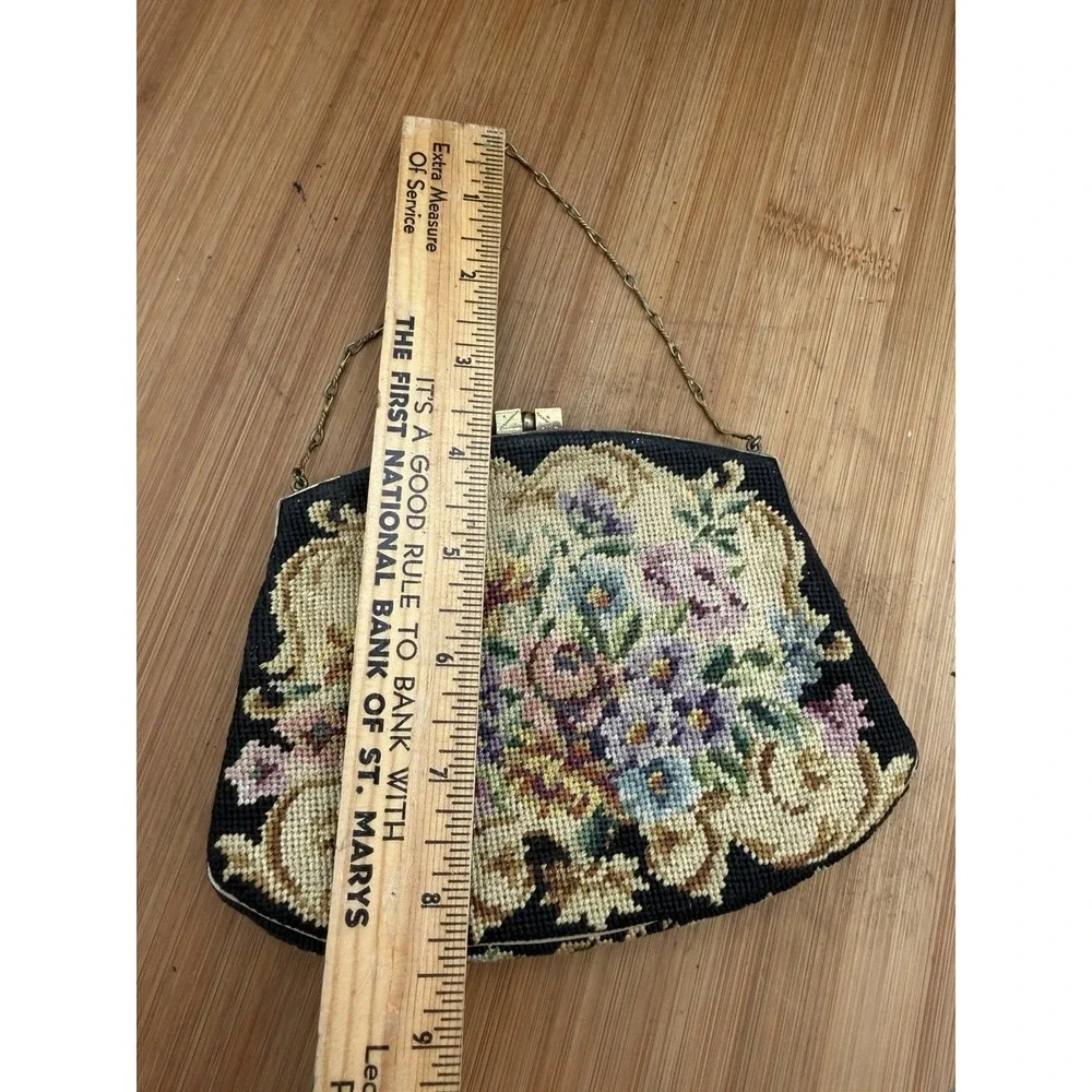 Victorian Style Floral Embroidered Tapestry Evening Bag with Brass Chain & Clasp